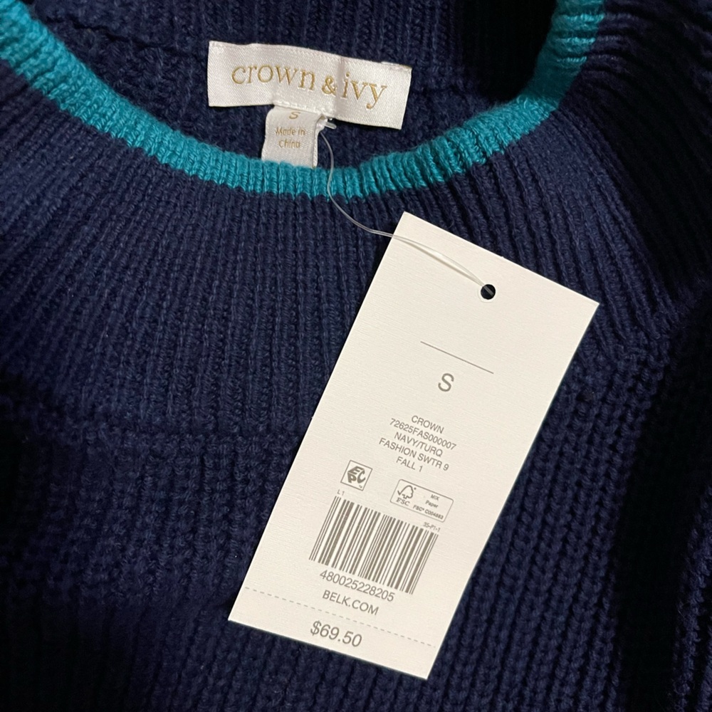 NWT Crown & Ivy Color Block Teal/Navy Knit Sweater w/ Side Gold Zippers S - Picture 8 of 8